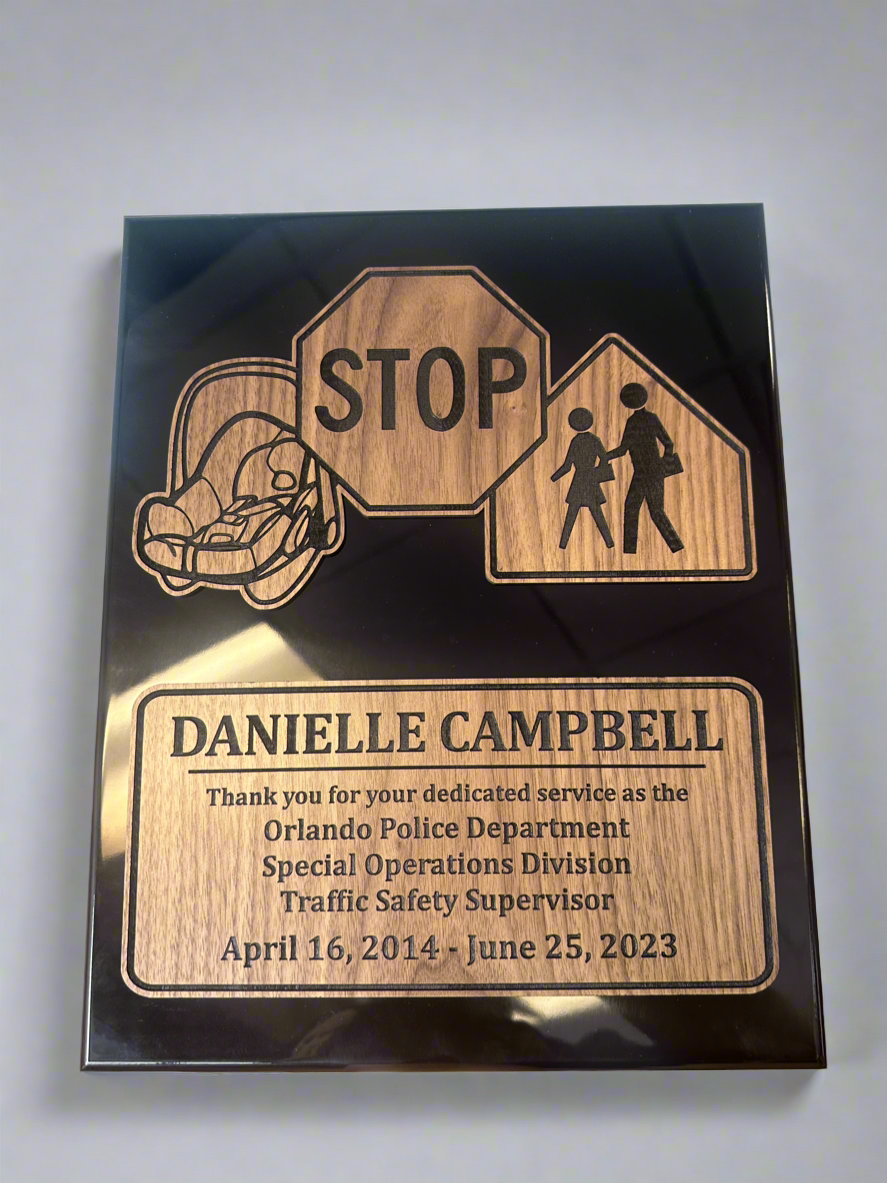 Custom Piano Black Plaque with Engraved Cherry or Walnut Wood Accent