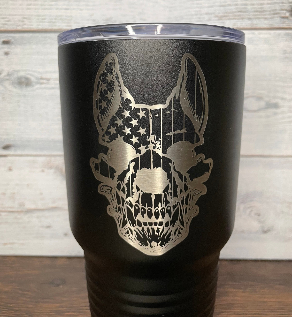 Black Polar Camel Double-Walled Tumbler with Police K9 Skull American Flag Engraving