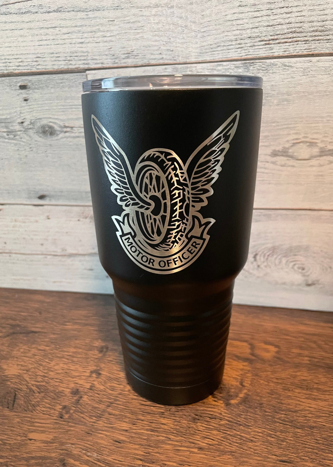 Black Polar Camel Double-Walled Tumbler with Police Motorcycle Officer Winged Wheel Emblem Engraving