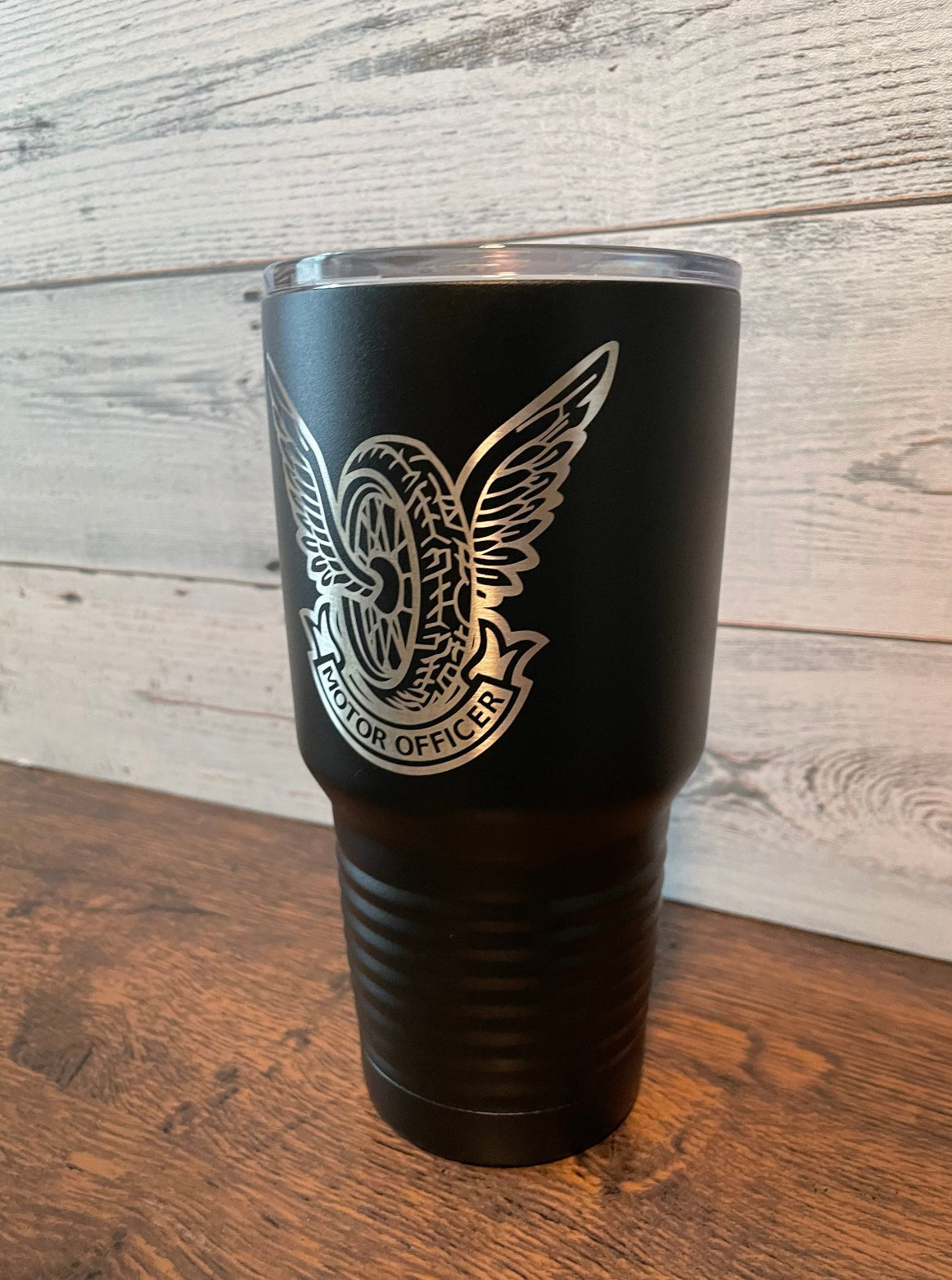 Black Polar Camel Double-Walled Tumbler with Police Motorcycle Officer Winged Wheel Emblem Engraving